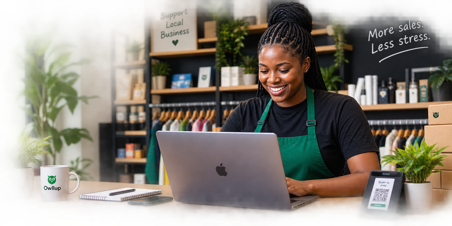 Business owner using Owllup Business Studio alongside the Owllup dashboard